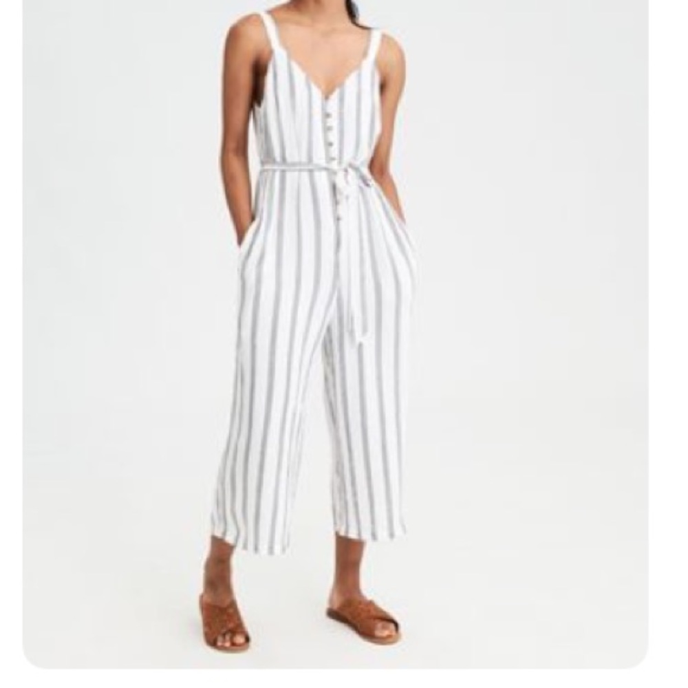 AE Striped Button-Front Culotte Jumpsuit